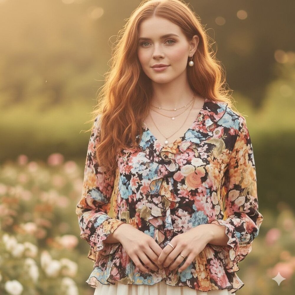 Belissimo Floral Long‎ Sleeve Button Top Plus Size 2X Romantic Boho Chic Cottage